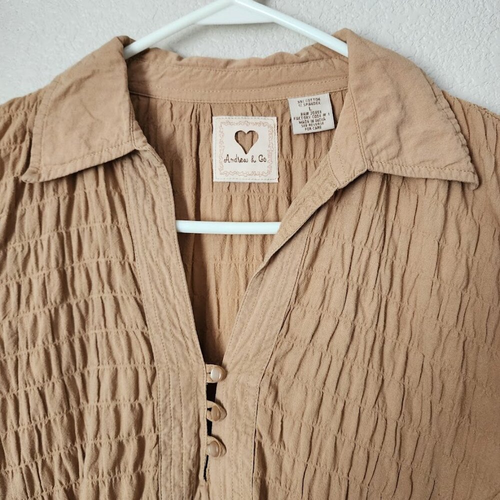 ANDREW & CO VINTAGE Crinkle Textured Button Front Blouse Y2K Latte L‎ - Picture 7 of 7